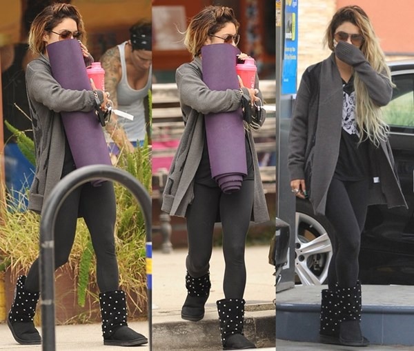 Vanessa Hudgens walks out hiding behind her yoga mat Featuring: Vanessa Hudgens Where: Los Angeles, California, United States When: 07 Jun 2014 Credit: WENN.com
